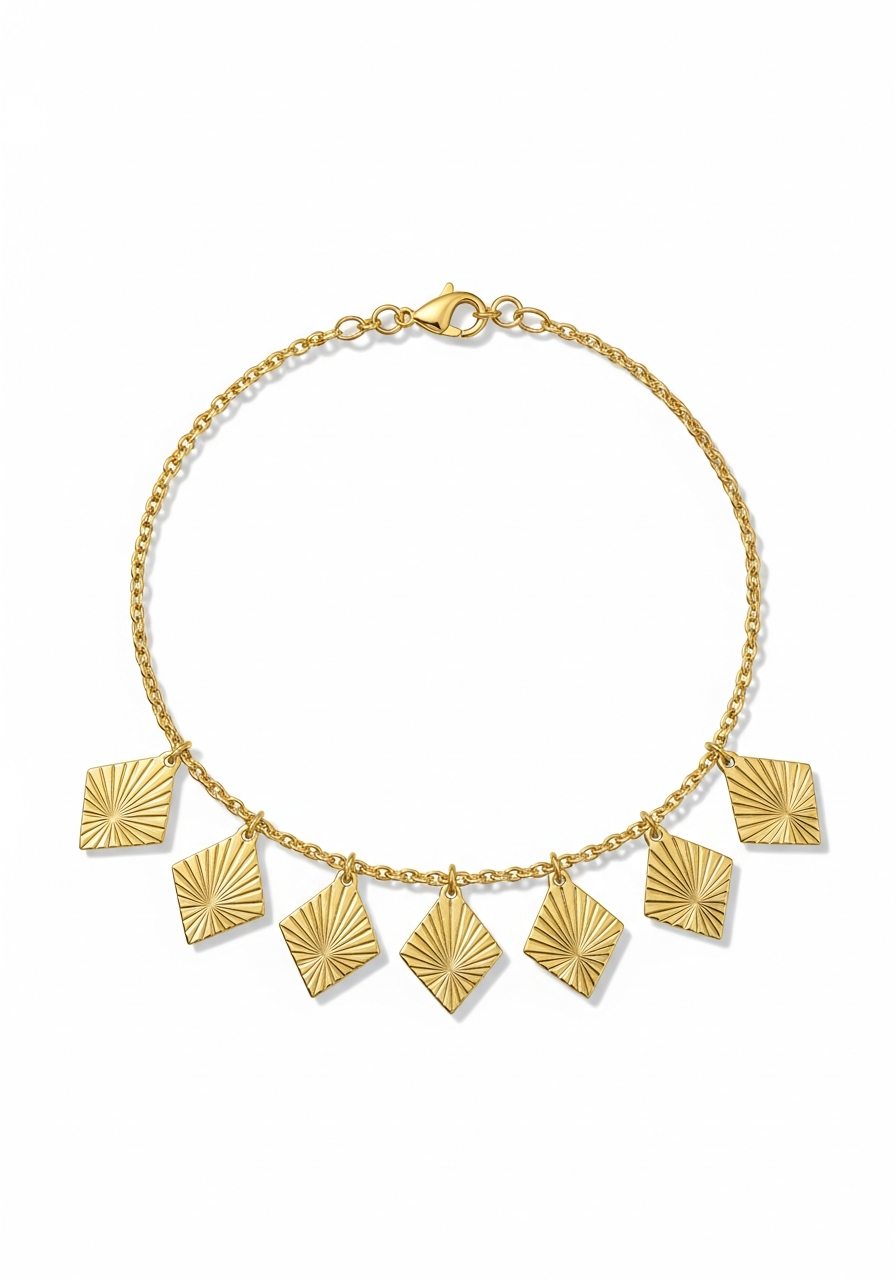 Pulsera dijes rombo dorados textura sunburst fondo blanco | Gheller Joyería