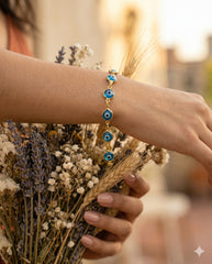 Mano femenina con pulsera ojo turco sosteniendo flores secas al atardecer | Gheller