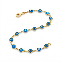 Pulsera ojo turco dorada extendida mostrando largo completo, fondo blanco | Gheller Joyería
