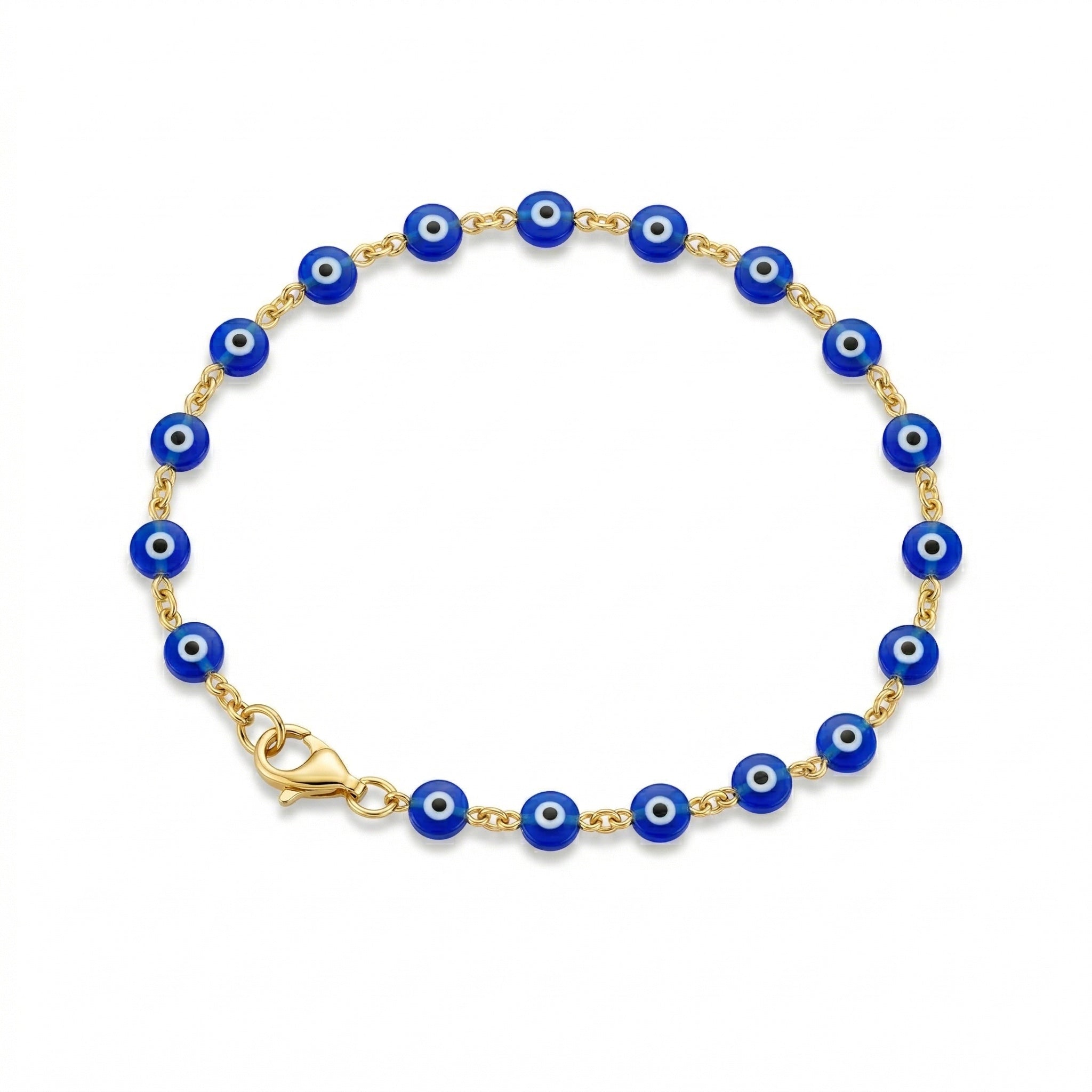 Pulsera ojo turco dorada con cuentas azules — foto producto fondo blanco profesional | Gheller Joyería