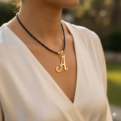Modelo usando collar de inicial A en oro laminado con cordón de cuero negro