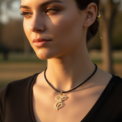 Modelo usando collar de inicial E en oro laminado con cordón de cuero negro