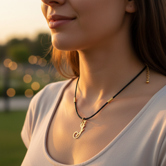 Modelo usando collar de inicial J en oro laminado con cordón de cuero negro