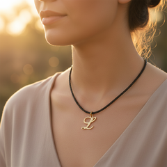 Modelo usando collar de inicial L en oro laminado con cordón de cuero negro