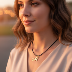 Modelo usando collar de inicial M en oro laminado con cordón de cuero negro