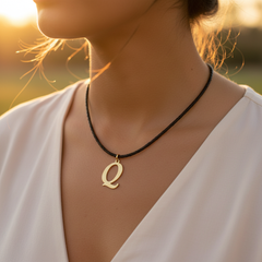 Modelo usando collar de inicial Q en oro laminado con cordón de cuero negro