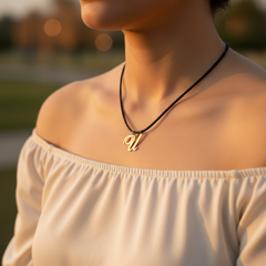 Modelo usando collar de inicial U en oro laminado con cordón de cuero negro