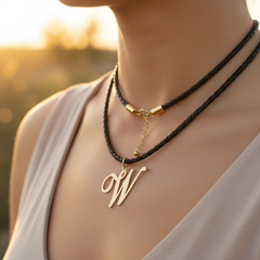 Modelo usando collar de inicial W en oro laminado con cordón de cuero negro